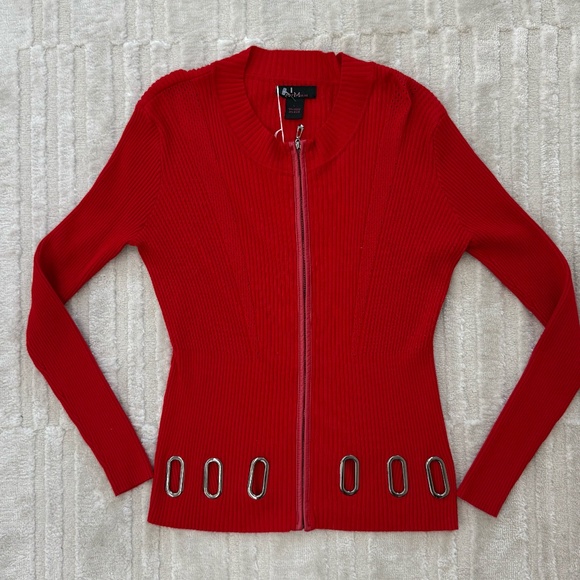 Alberto Makali Sweaters - Alberto Makali Red Ribbed Full Zip Sweater Size Large